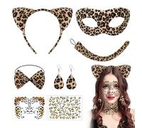 PYSEOSISE Disfraz de Leopardo, 6 Piezas Disfraz Leopardo Mujer, Diadema Orejas Leopardos Cola Máscara Pajarita Pendientes y Pegatina de Tatuaje para Carnaval Bailes Cosplay