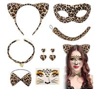 PYSEOSISE Disfraz de Leopardo para Mujer, 7 Piezas Set de Accesorios Leopardo, Diadema con Orejas Cola Pajarita Máscara Choker Pegatinas de Tatuaje para Carnaval Cosplay Fiesta