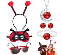 PYSEOSISE Disfraz de Mariquita Mujer, 6 Piezas Mariquita Disfraz Accesorios, Diadema de Mariquita Lady Bug Máscara Collar Pulsera Gafas para Mujer Adultos Halloween Carnaval Cosplay