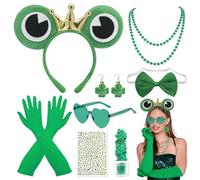 PYSEOSISE Disfraz de Rana para Mujer, 8 Piezas de Accesorios Disfraz Rey Rana, Diadema de Rana Pendientes Collar Pajarita Gafas Verdes Guantes y Purpurina para Carnaval Fiesta