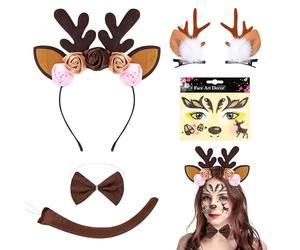 PYSEOSISE Disfraz de Reno Mujer, 5 Piezas Disfraz de Ciervo, Diadema de Reno Pinzas para el pelo de Reno con Cola Pajarita y Pegatinas Faciales para Halloween Carnaval Cosplay