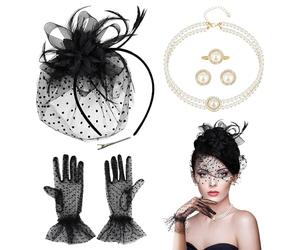 PYSEOSISE Fascinator Hat, 5 Piezas Fascinator Sombrero, Elegante Sombrero de Fiesta de Té mit Guantes Collar de Perlas Pendientes Anillo para Carnaval Halloween 1920 Fiesta