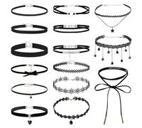 PYSEOSISE Gargantilla Negro, 15 Piezas Vintage Collar Negro, Elegante Choker Mujer Collar Gargantilla de Terciopelo para Diario y Fiesta Halloween Cosplay