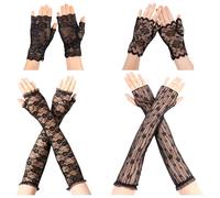PYSEOSISE Guantes de Encaje Sin Dedos, 4 Pares Guantes de Encaje para Mujer, Elegantes Guantes Negros de Encaje Guantes de Rejilla Lace Gloves para Mujer Fiesta Boda Opera Mascarada