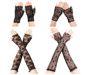 PYSEOSISE Guantes de Encaje Sin Dedos, 4 Pares Guantes de Encaje para Mujer, Elegantes Guantes Negros de Encaje Guantes de Rejilla Lace Gloves para Mujer Fiesta Boda Opera Mascarada