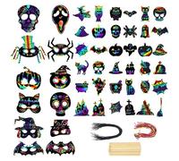 PYSEOSISE Halloween Scratch Art, 48 piezas papel para arañazos de Halloween, Scratch Art máscaras arcoíris Scratch Painting Paper con cinta para adultos, carnaval, cosplay, fiesta