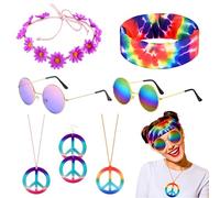 PYSEOSISE Hippie Costume Set, 7 Pieza Accesorios Hippie Vintage, Accesorios Retro Estilo Años 60 y 70 con Diademas de Flores Diadema Batik Gafas Collar y Pendientes Signo de La Paz