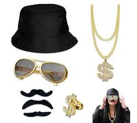PYSEOSISE Kit de Disfraces de Hip Hop, 5 Piezas Accesorios de Rapero 80 y 90, Disfraces Hip Hop Kit con Bucket Hat Collar de Dólar Anillo de Dólar Gafas de Sol y Barba Falsa
