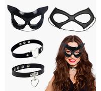 PYSEOSISE Máscara de Catwoman, 4 Piezas Mascara de Gato y Gargantillas, Catwoman Máscara Negro Disfraz de Gato para Mujer Halloween Carnaval Mascarada Fiesta