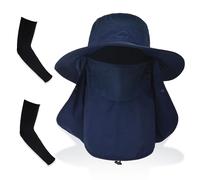PYSEOSISE Sombrero Solar con Solapa de Cuello Desmontable, Sombrero de Sol Azul Marino con Manguitos de Protección UV, Sombrero Pescador Plegable para Senderismo Montañismo Viaje y Pesca