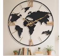Pytha Sight Reloj de pared grande de 24 pulgadas, moderno mapa del mundo decorativo con números romanos dorados vintage, relojes de pared de metal extra gigante, para sala de estar, oficina, cocina