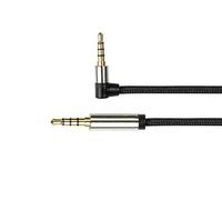 PYTHON Cable de audio AUX de 3,5 mm de 4 polos, 1,5 m, conector de metal con nivel de 2 mm para fundas protectoras por ambos lados, acodado unilateral, escalera de cobre, trenzado de tela, color negro