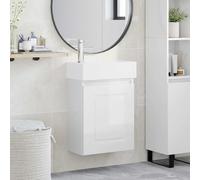 Pyvara Mueble bajo lavabo de baño blanco brillante con lavabo de cerámica y grifo, montaje en pared, tamaño compacto 45,5 x 22,5 x 84 cm, mucho espacio de almacenamiento, puerta reversible, moderno