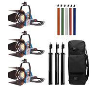 PYXEL STUDIO Fotográfico Kit de Iluminación Fresnel de Tungsteno Mandarin Dimmer: 3X Fresnel 300 W, 3X Soportes de Luz, 3X Bombillas Halógenas, 1x Bolsa de Trípode, 5X Filtros de Gelatina y 6X Clips