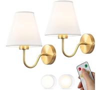 PZAOJAU Aplique de pared con pilas Pantalla de tela Juego de luces de pared inalámbricas doradas vintage 2 Lámpara de pared inalámbrica recargable por USB remota sin cable para dormitorio Sala de esta