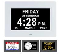 PZCC 7 pulgadas LCD reloj digital calendario con fecha día y hora reloj no abetado auto atenuación 8 idiomas HD pantalla recordatorio para Alzheimer ancianos y niños (blanco)