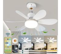 PZCC Ventilador de techo con luz y mando a distancia, 52 cm, 40 W, pequeño regulable, ventilador de techo LED con casquillo E27, lámpara de techo para dormitorio, 6 pales, 3 velocidades, Timing