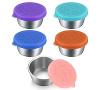 pzihao 5 Piezas Recipientes para Salsa con Tapa de Silicona, Pequeño Recipientes para Alimentos, Mini 50ML Recipiente para Condimentos de Acero Inoxidable para Llevar, Prueba de Fugas, Reutilizable