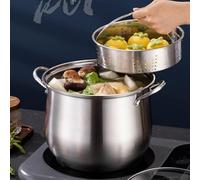 PZJDFDC Olla para Sopa, Olla para Sopa De Acero Inoxidable, Cacerola Antiadherente De Doble Asa con Tapa De Vidrio Y Canasta Vaporera, Olla Vaporera De Acero Inoxidable(22cm/5.5L)