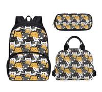 Pzuqiu 3 mochilas para estudiantes con bolsa de almuerzo, caja de lápices para niños de 17 pulgadas, bolsa de libros de escuela secundaria para adolescentes, Gato de dibujos animados.
