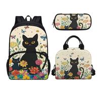 Pzuqiu 3 mochilas para estudiantes con bolsa de almuerzo, caja de lápices para niños de 17 pulgadas, bolsa de libros de escuela secundaria para adolescentes, Flor de gato