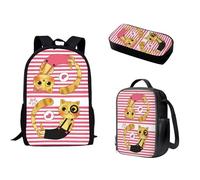 Pzuqiu 3 mochilas para estudiantes con bolsa de almuerzo, caja de lápices para niños, jardín de infantes, primaria, escuela secundaria, bolsa de libros de dibujos animados, Bonito gato a rayas