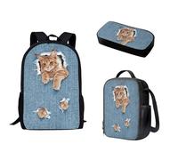 Pzuqiu Juego de 3 mochilas escolares para niños con bolsa de almuerzo y caja de lápices, bolsas de libros para estudiantes de primaria para acampar, Gato vaquero