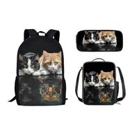 Pzuqiu Juego de 3 mochilas escolares para niños con bolsa de almuerzo y caja de lápices, bolsas de libros para estudiantes de primaria para acampar, Lindo Gato