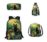 Pzuqiu Juego de 4 mochilas escolares para niños con bolsa de almuerzo, caja de lápices y funda para taza de agua, para estudiantes de primaria, Flor de gato