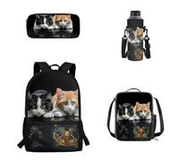 Pzuqiu Juego de 4 mochilas escolares para niños con bolsa de almuerzo, caja de lápices y funda para taza de agua, para estudiantes de primaria, Lindo Gato