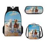 Pzuqiu Juego de mochila escolar para niños, mochila de 17 pulgadas con lonchera y bolsa para bolígrafos, juego de 3 mochilas escolares de gran capacidad, Caballo junto al mar