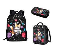 Pzuqiu Mochila escolar con lonchera y estuche para bolígrafos, mochila de gran capacidad para niños, juego de 3 piezas para estudiantes de primaria y secundaria, Space Corgi