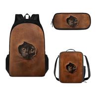 Pzuqiu Mochilas para la escuela, niños, adolescentes, juego de mochilas escolares 3 en 1 con lonchera y caja de lápices, mochila casual, Gato de cuero