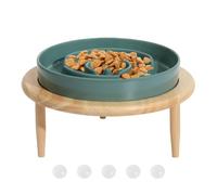 Pzuryhg Comedero lento de cerámica para perros con base elevada de madera, antideslizante, poco profundo, promueve la alimentación lenta, evita el riesgo de asfixia hinchazón y comer en exceso,