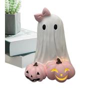 Pzuryhg Ghost Figure, Halloween Girl Sculpture, Spooky Pink Bow Decor, Handcrafted Resin Design, Display Style, Whimsical Seasonal Accent, Perfect for Shelf, Bedroom, Party, 8.66x5.57x5.57 Inches