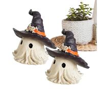Pzuryhg Ghost Figurine, 2 Pieces Gothic Statue, Hat-Wearing Halloween Decor, Handcrafted Resin Build, Display Style, Weather Resistant Finish, Perfect for Porch, Mantel, Garden, 5.5x5.8x5.8cm
