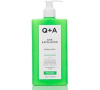 Q+A AHA - Loción corporal exfoliante (250 ml), hidratante corporal exfoliante y suavizante con ácido láctico, ácido glicólico y AHA de frutas, alternativa a la mantequilla corporal, cuidado corporal