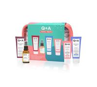 Q+A Travel Treats - Juego de regalo de 4 piezas para el cuidado de la piel y el cuerpo con bolsa de viaje, limpiador facial hidratante (75 ml), suero de vitamina C (30 ml), gel de baño con ácido