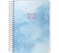 Q Kalon - Agenda Escolar 2025 2026 - Día Página, Tamaño A6 (12x17 cm), Español e Inglés, Septiembre a Junio, Cierre de Espiral, Tapa Flexible con Plástico Protector - Sky