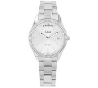 Q&Q Reloj analógico para mujer con día y fecha, correa de metal de acero inoxidable, plateado, Casual