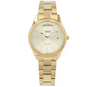 Q&Q Reloj analógico para mujer con día y fecha, correa de metal de acero inoxidable, Oro, Casual