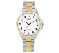 Q&Q Reloj de hombre de acero inoxidable, correa de eslabones de 3 bares, analógico, cuarzo, Bicolor Blanco, Clásico
