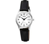 Q&Q Reloj de mujer de piel, con fecha, 3 bar, analógico, cuarzo, Negro y plateado, Clásico
