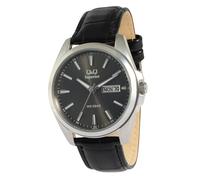 Q&Q - Reloj de pulsera analógico para hombre, color negro, fecha y día, piel auténtica, cuarzo, Negro