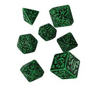 Q WORKSHOP Forest Engraved Green & Black RPG Ornamented Dice Set 7 polyhedral Pieces