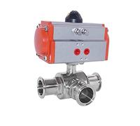 Q684F/5F-16P 32mm 3 vías 304 Acero inoxidable Tri abrazadera sanitaria virola T/L válvula de bola neumática con cilindro doble acción 1 Uds(T Type)