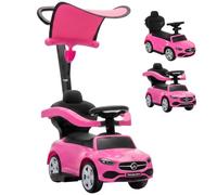 Qaba 3 en 1 Coche Empujar niño Mercedes-Benz 18-36M Rosa | Coche montar, Deslizador pie, Asa empuje padres, Dosel, Barandas, Bocina, Música, Almacenaje bajo asiento