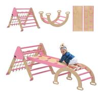 Qaba Set triángulo Pikler 8 en 1 Plegable para niños 18-48 Meses, Rosa | Juguetes de escalada de madera, con arco rampa y escalera, Montessori parque infantil interior gimnasios selva