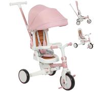 Qaba Triciclo infantil 7 en 1 con mango ajustable y extraíble, toldo, arnés de seguridad, pedal plegable, bolsa de almacenamiento, freno, embrague, para 1-5 años, rosa