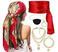 Qaestuan 6 PCS Accesorios Pirata Mujer, Hombre Piratas del Caribe Disfraces adultos con Pañuelo, Parche Ojo, Faja, Pendientes, Pulseras, Collares, para Halloween, Disfraz de Pirata, Carnaval